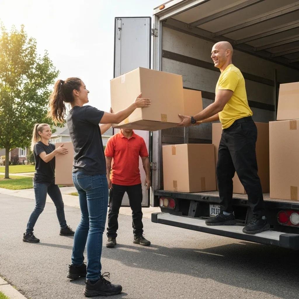 Local movers efficiently loading boxes into a truck in a sunny suburban neighborhood