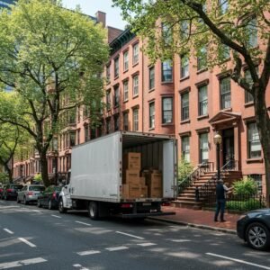 Local moving scene in Boston with movers loading a truck in front of a brownstone