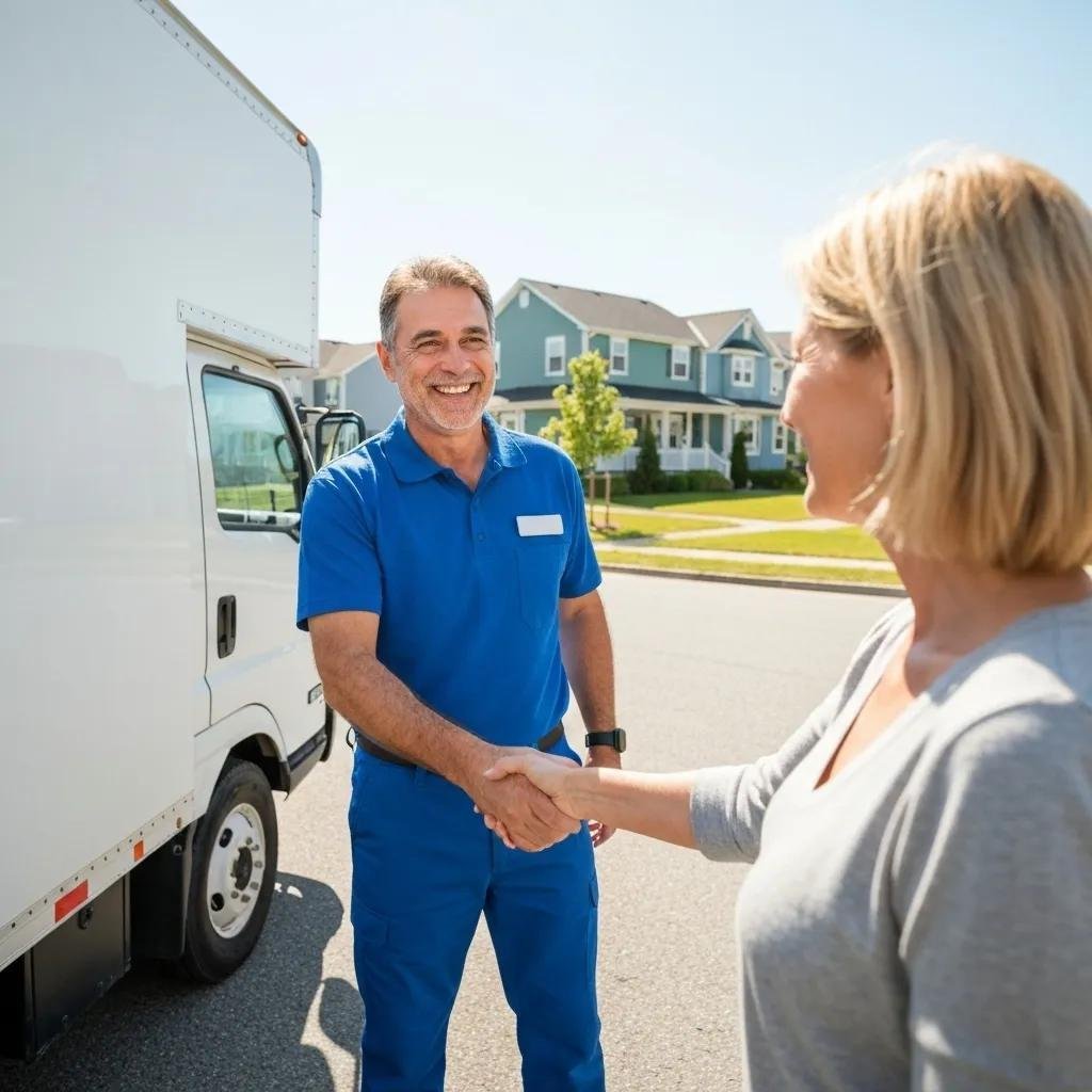 Moving professional and customer shaking hands, highlighting trust in affordable moving services