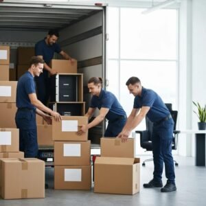 Office movers packing furniture and equipment into a truck, representing commercial moving services