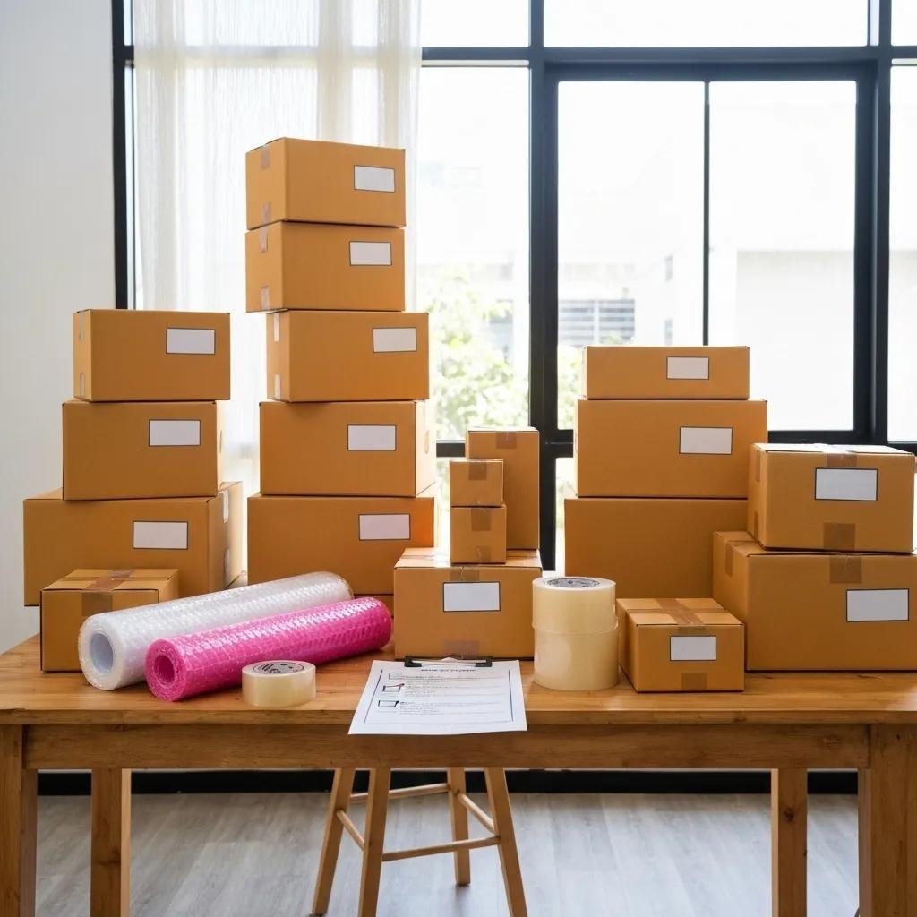 Organized packing area with color-coded boxes and packing materials for a stress-free move