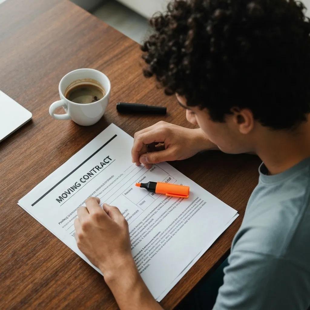 Person reviewing a moving contract on a table, highlighting the importance of understanding terms and conditions