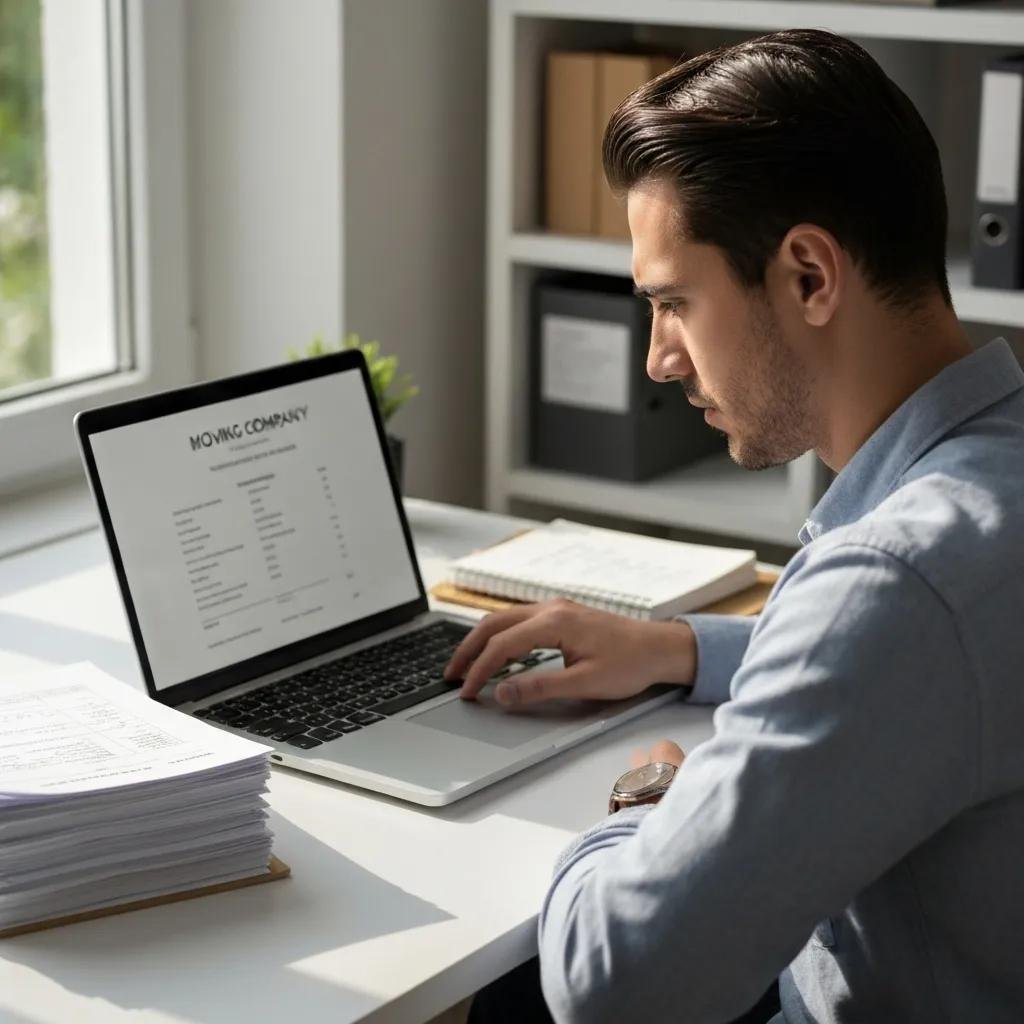 Person verifying moving company credentials on a laptop, emphasizing diligence in checking licensing and insurance