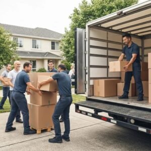 Professional movers packing and loading boxes into a truck, showcasing the benefits of full-service moving