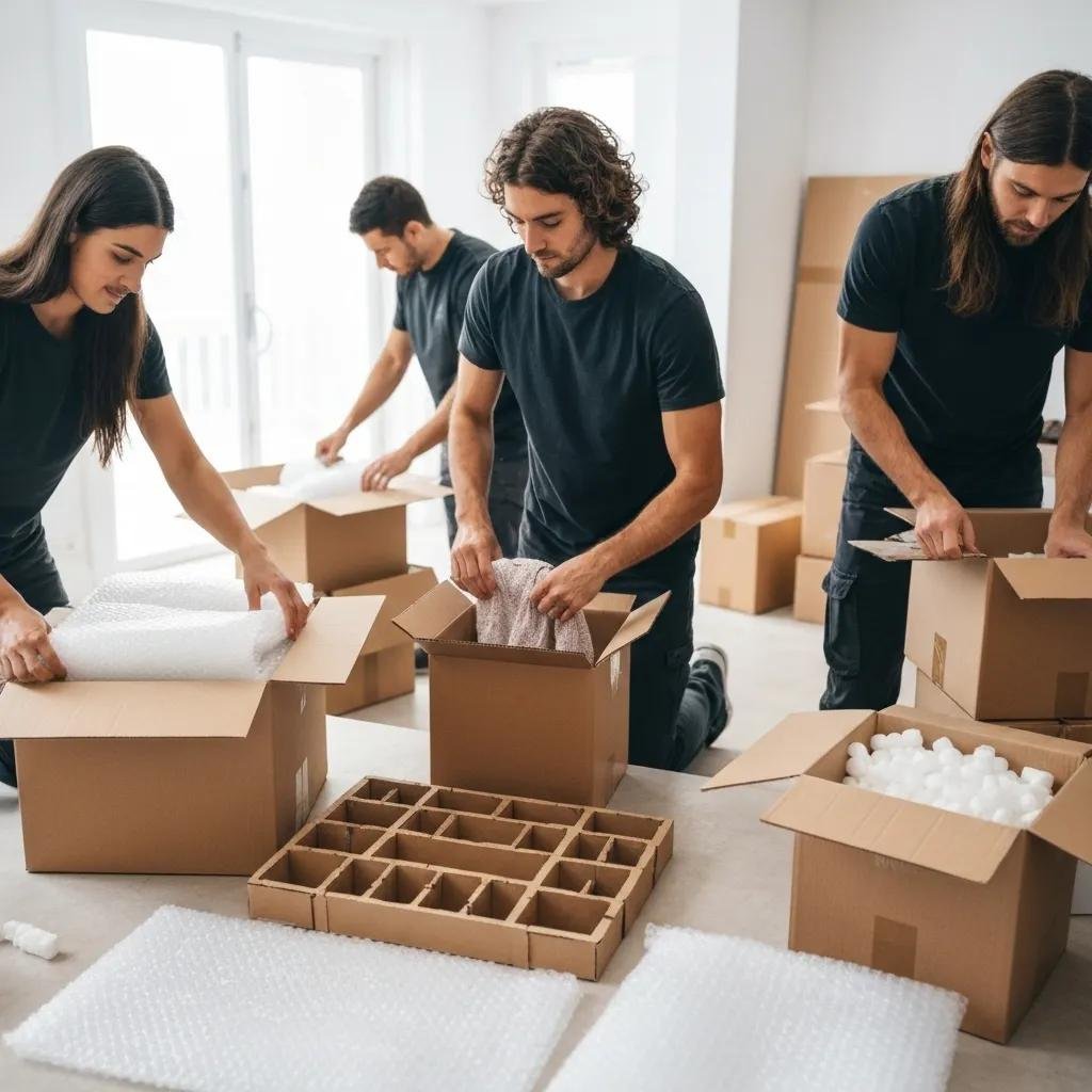 Professional movers packing fragile items with care and expertise