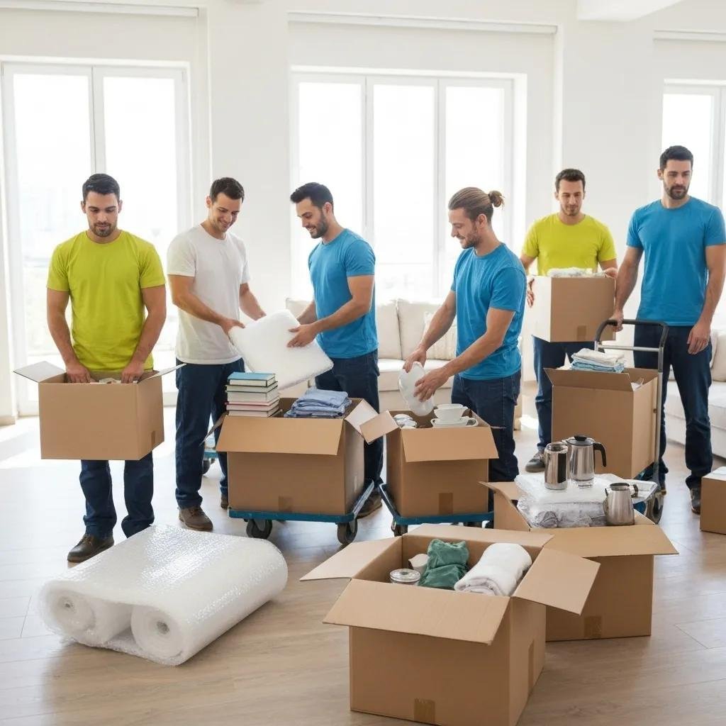 Professional movers packing items, showcasing the importance of different moving services in cost estimation