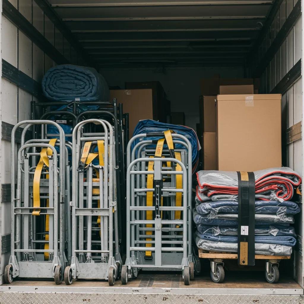 Professional moving equipment, including dollies and protective blankets, neatly arranged in a moving truck, showcasing quality and readiness