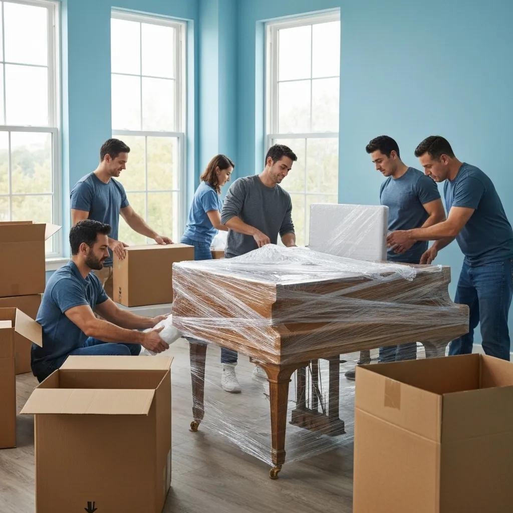 Professional packers wrapping fragile items and organizing boxes, highlighting the benefits of expert packing services