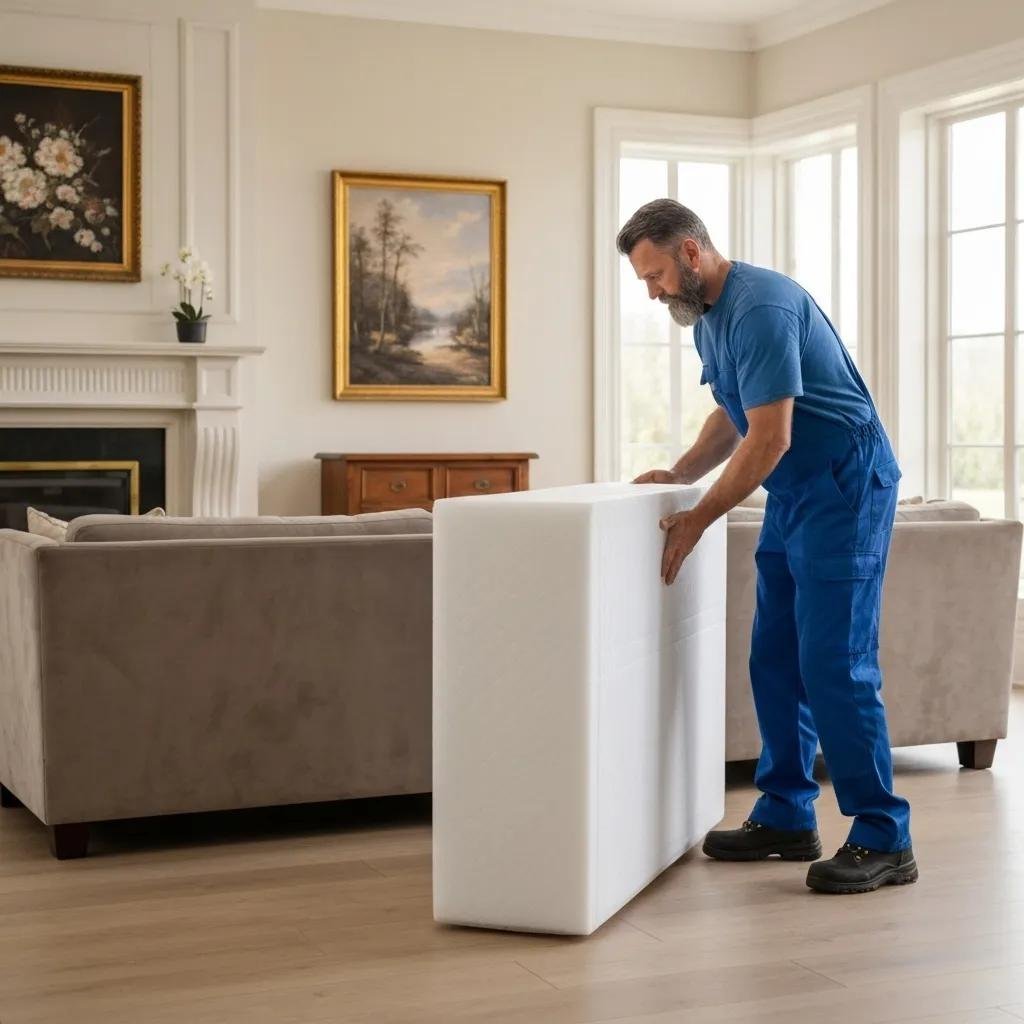 Specialized mover packing a grand piano with protective materials in a living room