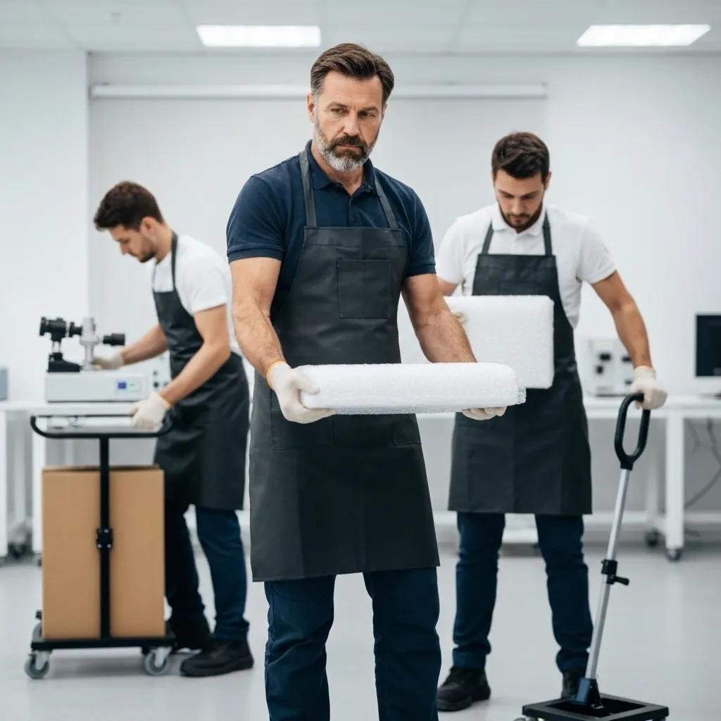 Specialized movers carefully handling laboratory equipment during a commercial move