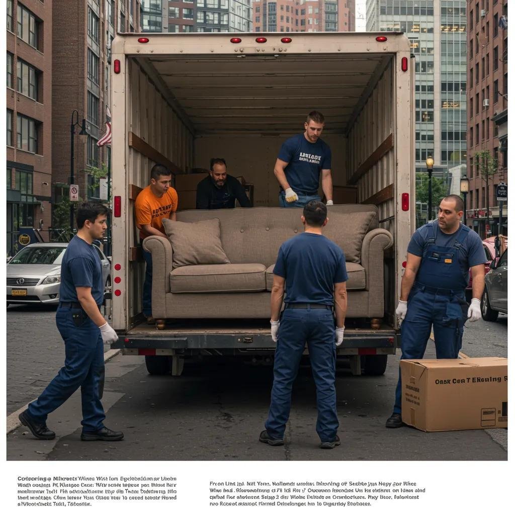 A team of movers carefully maneuvering a sofa into a moving truck, illustrating the impact of labor and crew size