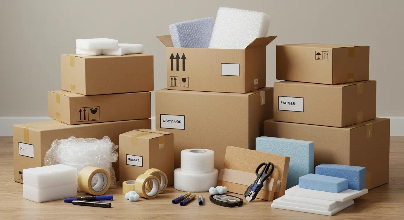 Essential packing supplies including boxes, tape, and cushioning materials for moving