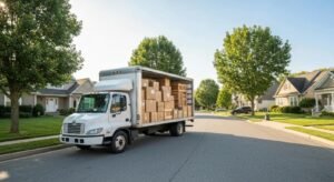 Moving truck loaded with boxes in a suburban neighborhood, representing local and long distance move costs