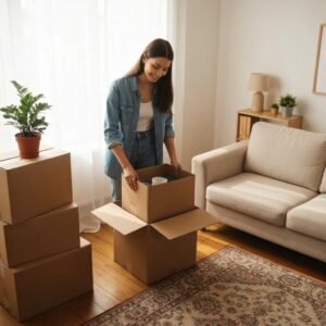 Cozy living room with organized moving boxes and a person packing efficiently