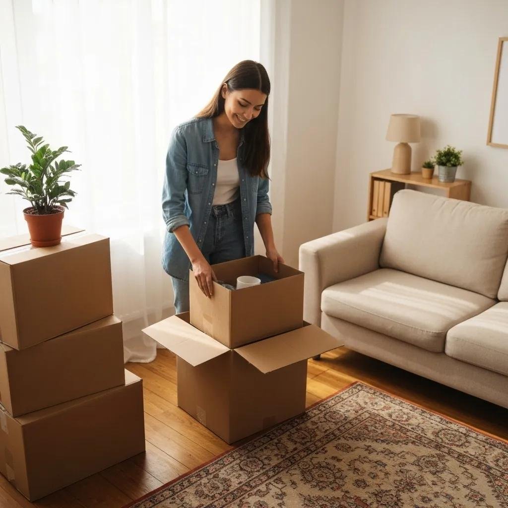 Cozy living room with organized moving boxes and a person packing efficiently