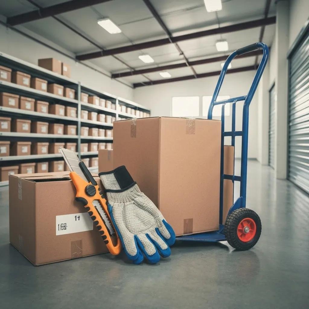 Essential packing tools including box cutter, gloves, and hand truck for efficient moving