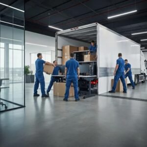 Office movers packing furniture and equipment into a truck, illustrating commercial moving process