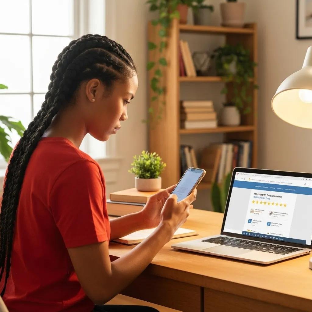 Person researching moving company reviews on a laptop