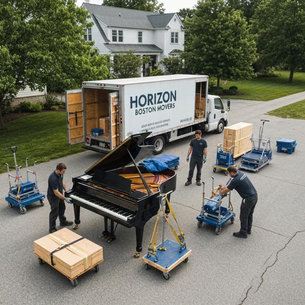 Professional movers securing a piano with specialized equipment