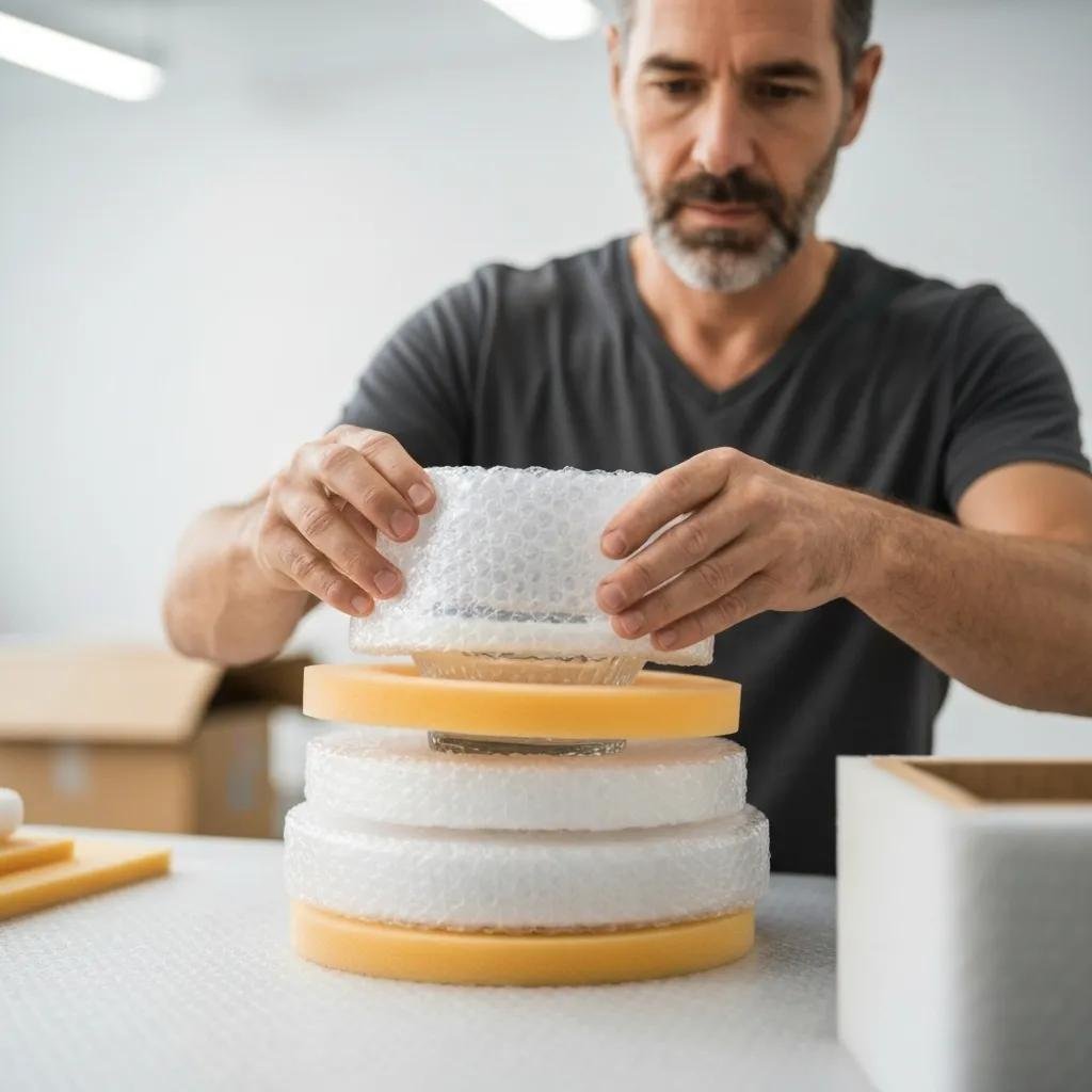 Professional packer carefully wrapping fragile items with specialized materials