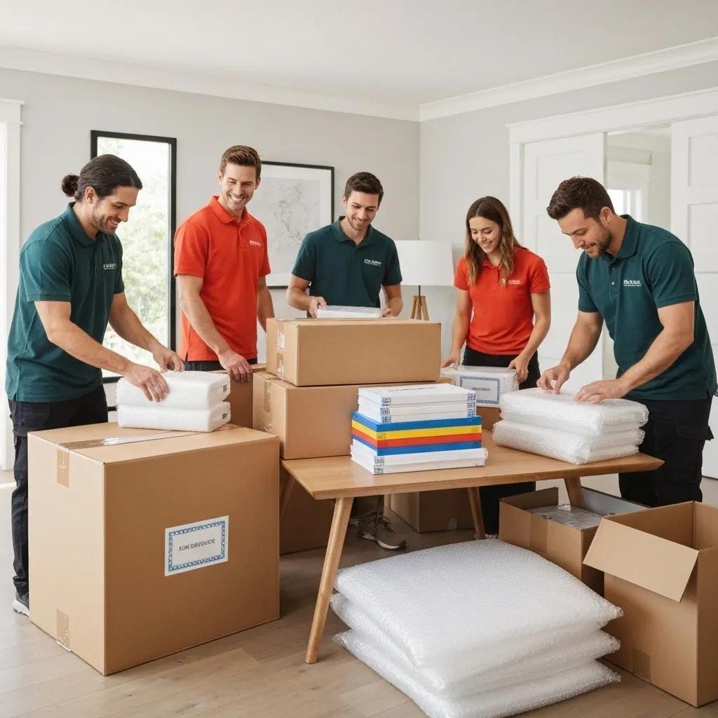 Professional packers using color-coded labels and organized systems for efficient packing