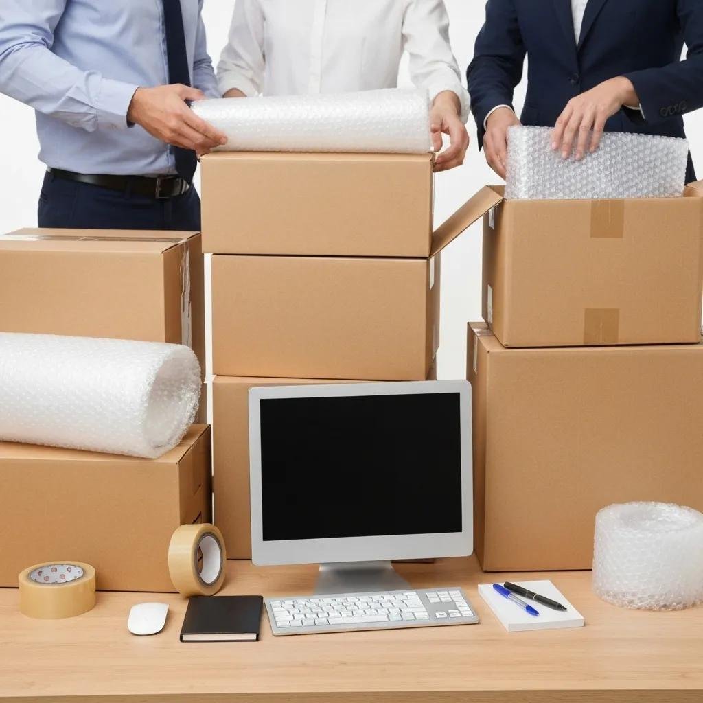 Professional packing materials and techniques for sensitive office items, highlighting packing services in moving costs