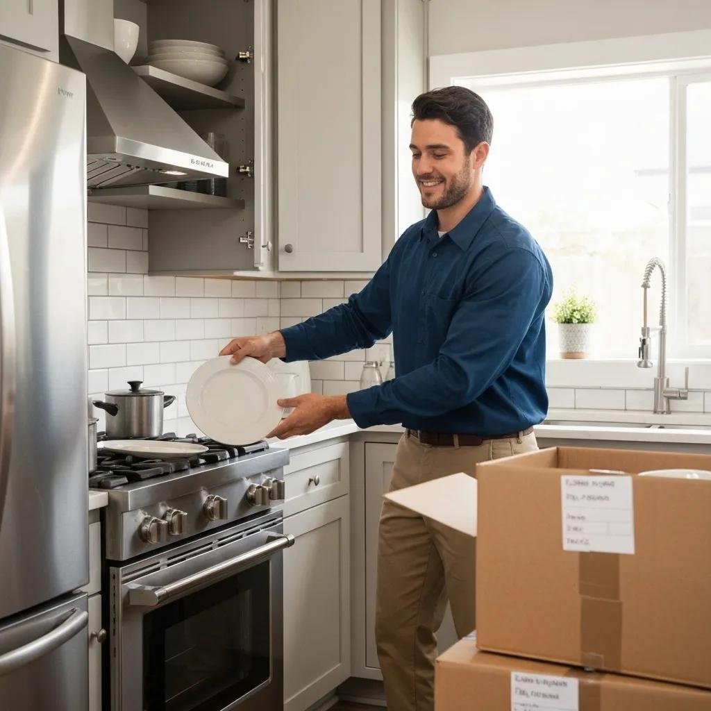 Professional unpacker organizing kitchen items, illustrating the benefits of cost-effective unpacking services