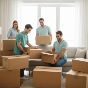 Professional unpacking service team unboxing items in a bright, organized living room