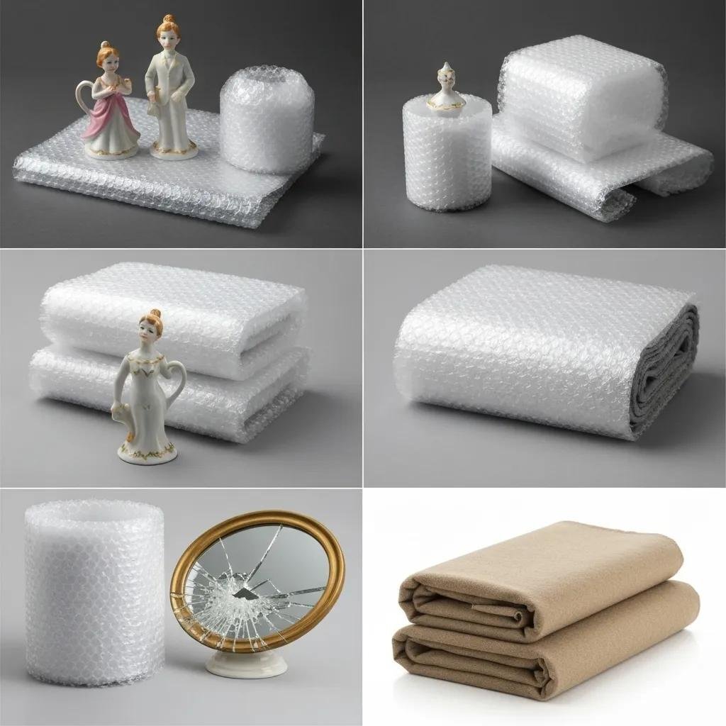 Protective packing materials like bubble wrap and packing paper used to safeguard belongings during a move
