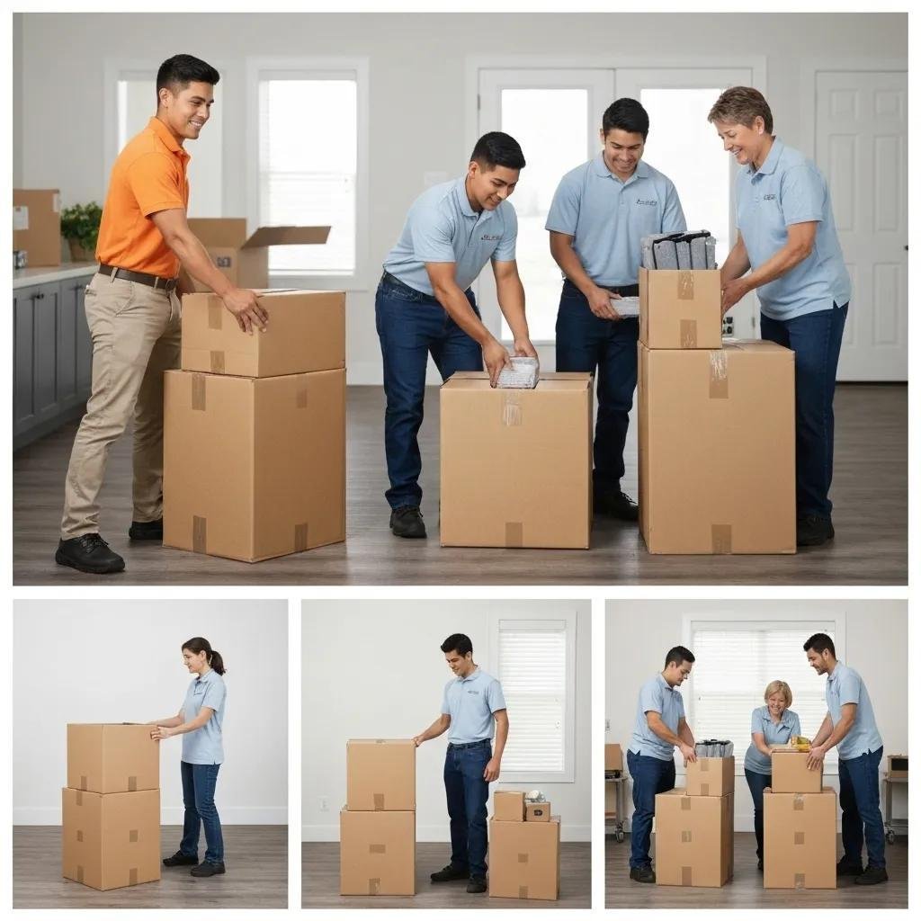 Step-by-step stages of the professional packing process with movers in action