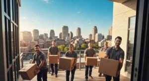 Movers carrying boxes on a Boston street