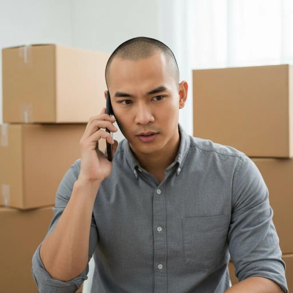 Person on the phone arranging moving details from home