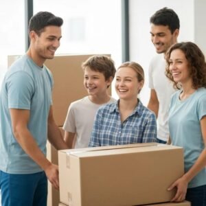 Family interacting with professional movers during a relocation, showcasing a stress-free moving experience
