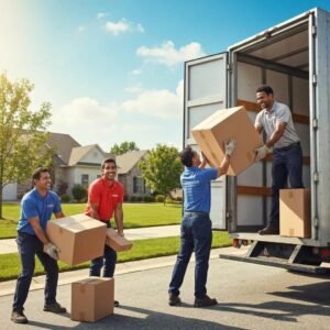 Local movers efficiently loading a moving truck in a suburban neighborhood