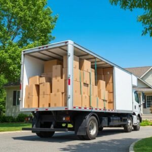 Moving truck in front of a suburban home, symbolizing local and long distance moving services