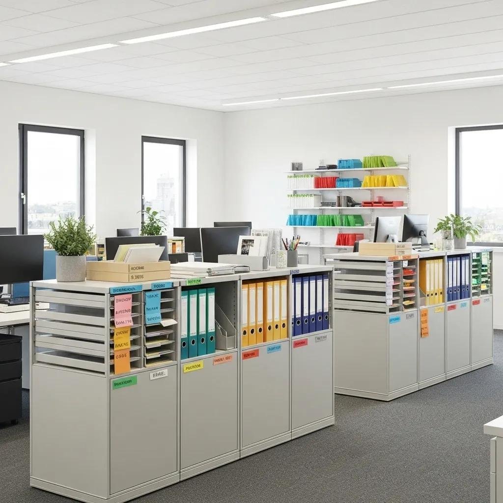 Organized office space with modular storage and color-coded labeling systems enhancing productivity