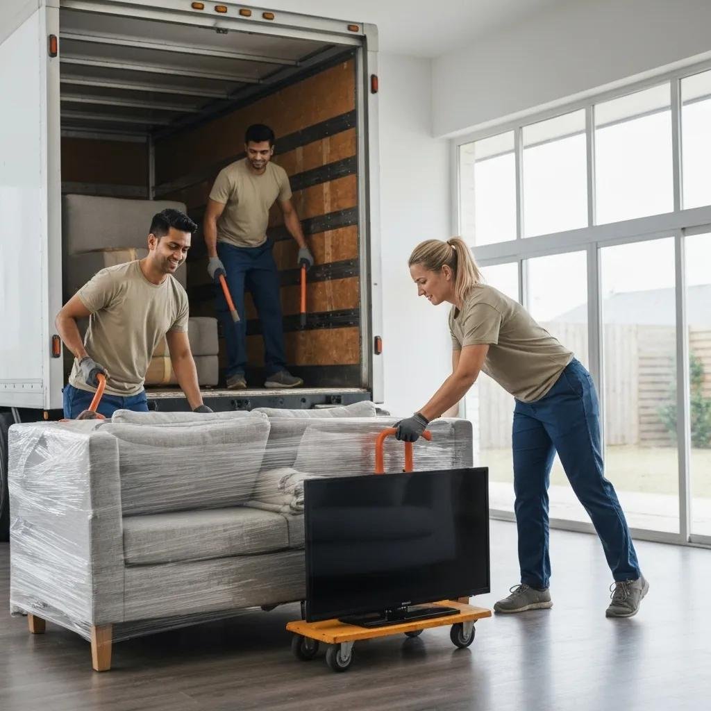 Professional movers packing furniture for a full service long distance move