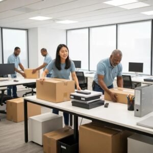 Professional office unpacking team organizing equipment and furniture in a modern workspace