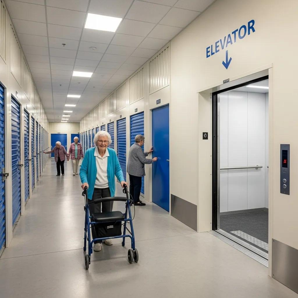 Accessible storage facility with wide aisles and elevator for easy use by seniors