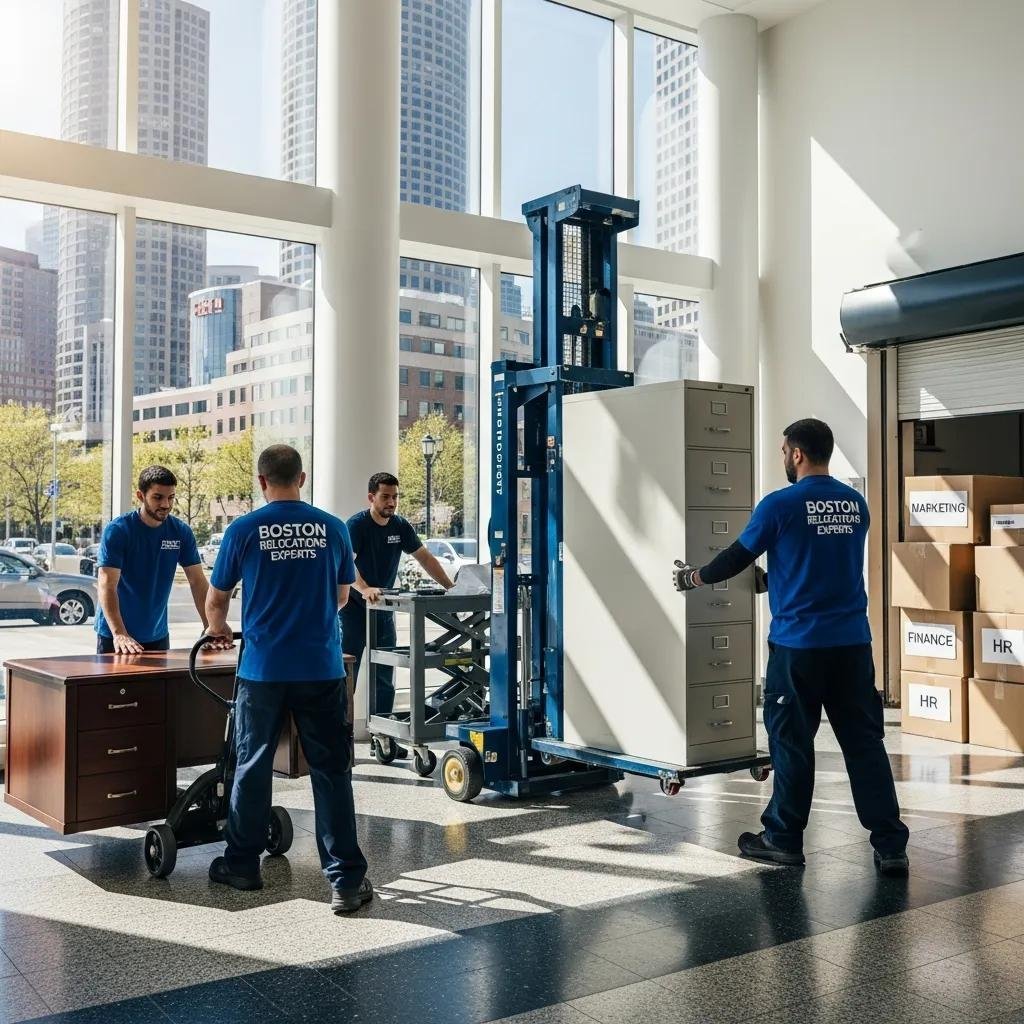 Commercial movers using equipment to move office furniture and electronics