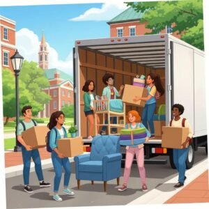 Diverse college students packing a moving truck outside a Boston university dormitory