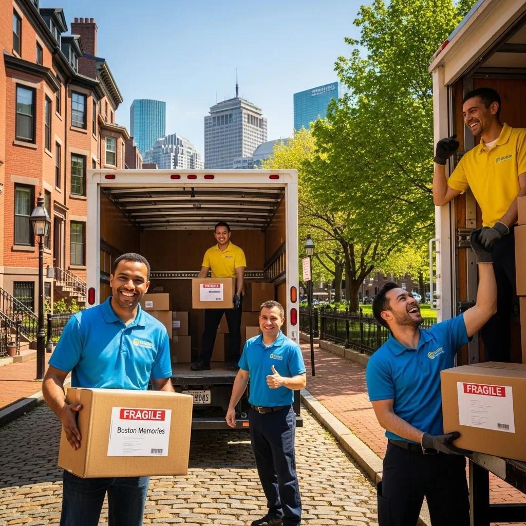 Friendly Boston movers loading boxes into a truck with the skyline in the background