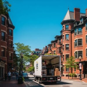 Moving truck parked in a Boston neighborhood on moving day
