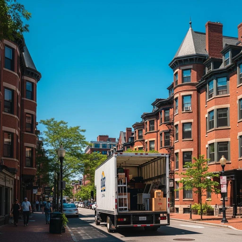 Moving truck parked in a Boston neighborhood on moving day