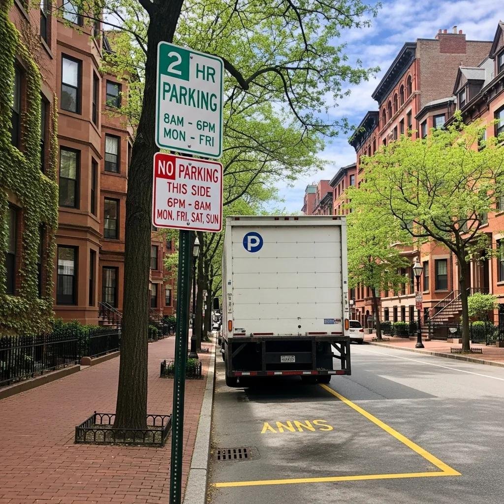 Moving truck parked with visible parking signs indicating time limits in Boston