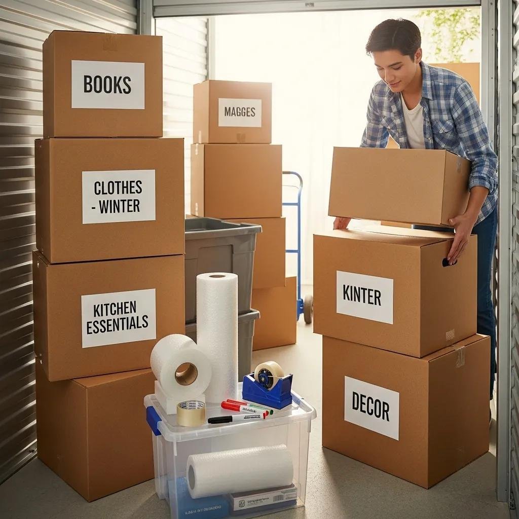 Organized packing scene with labeled boxes and packing materials for college students