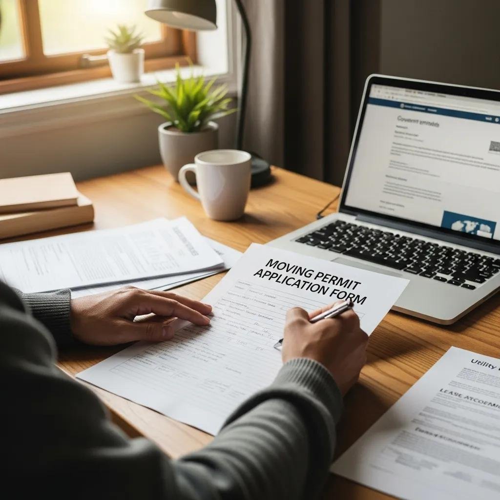 Person filling out a moving permit application form at a desk