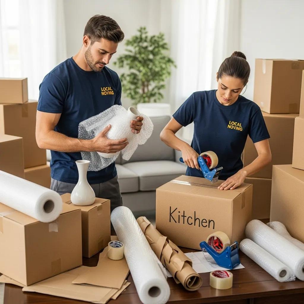 Movers carefully packing belongings using quality materials in an organized space