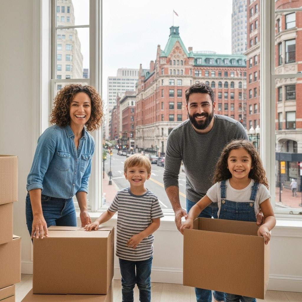 Comparison of residential and commercial moving services with family and office scenes
