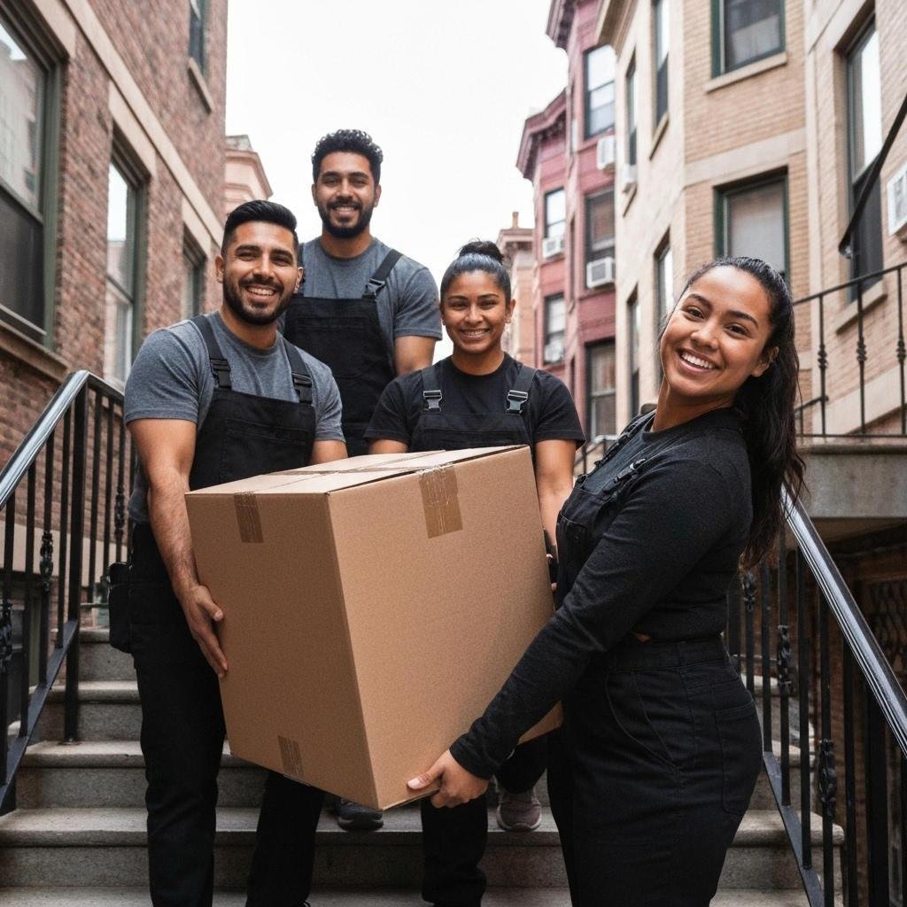 ### Main Subjects
- Four individuals (two men and two women) dressed in matching outfits.
- They are smiling and appear friendly and approachable.

### Objects
- A large, brown cardboard box being held by two of the individuals.

### Notable Features
- The setting is an urban environment with brick buildings.
- The individuals are positioned on a staircase, suggesting a delivery or moving context.

### Text or Symbols
- No visible text or symbols in the image.

### Overall Mood or Theme
The overall mood is positive and energetic, conveying themes of teamwork, service, and community. The expressions of the individuals suggest a sense of accomplishment and friendliness, enhancing the welcoming atmosphere of the scene.